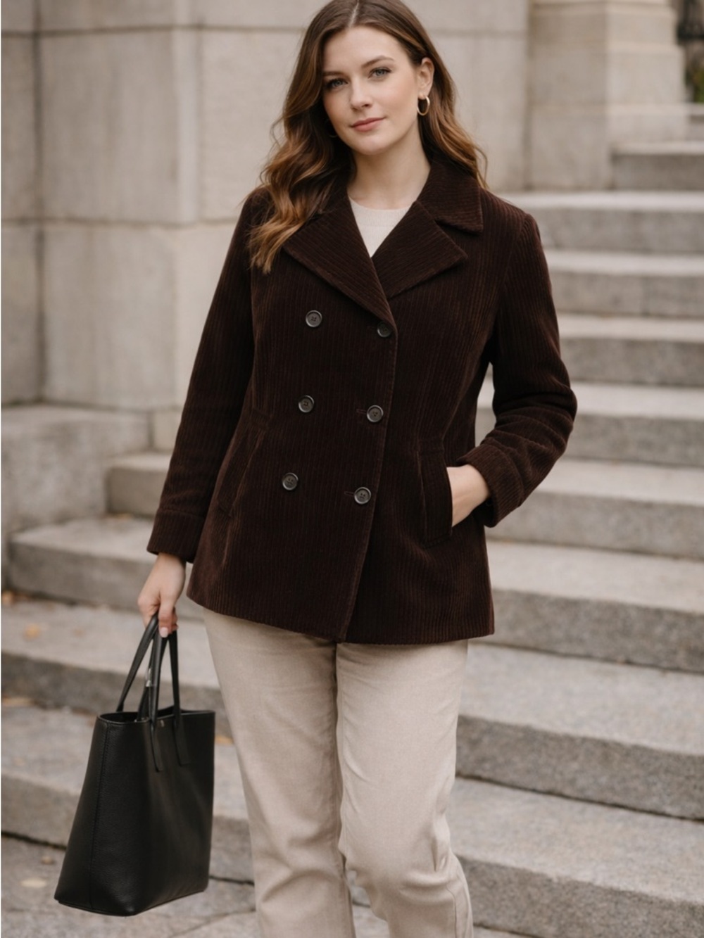 Vintage‎ Talbots Brown Corduroy Pea Coat Size 14